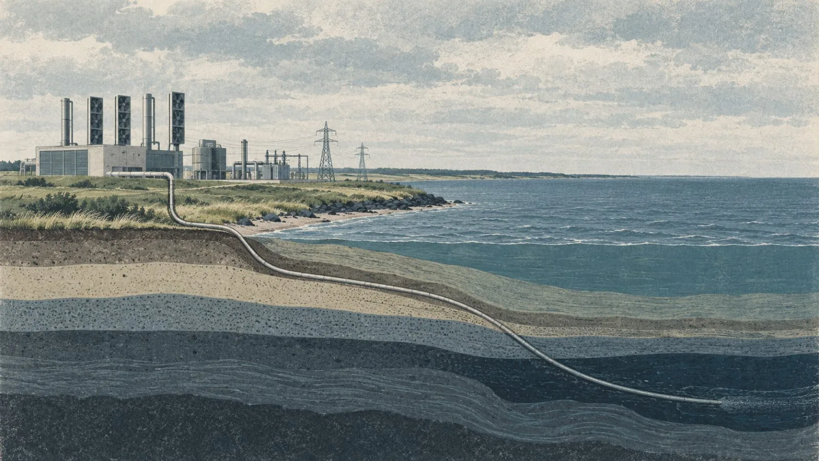 An editorial illustration depicts a proposed carbon capture plant on Denmark’s North Sea coast. (AI-generated image / EconoTimes)