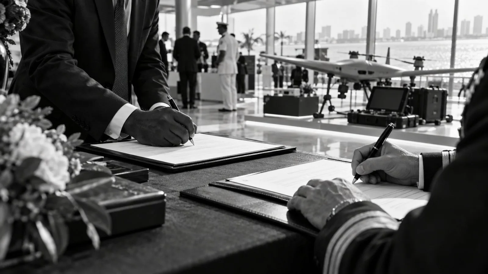 Delegates sign a memorandum during the defense exhibition at Heliconia Park in Lagos, Nigeria (AI-generated image / EconoTimes)