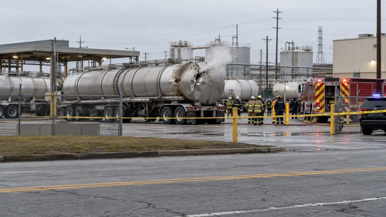 A damaged chemical tank vents at an industrial site in Toledo, Ohio, as crews stand back. (AI-generated image / EconoTimes)