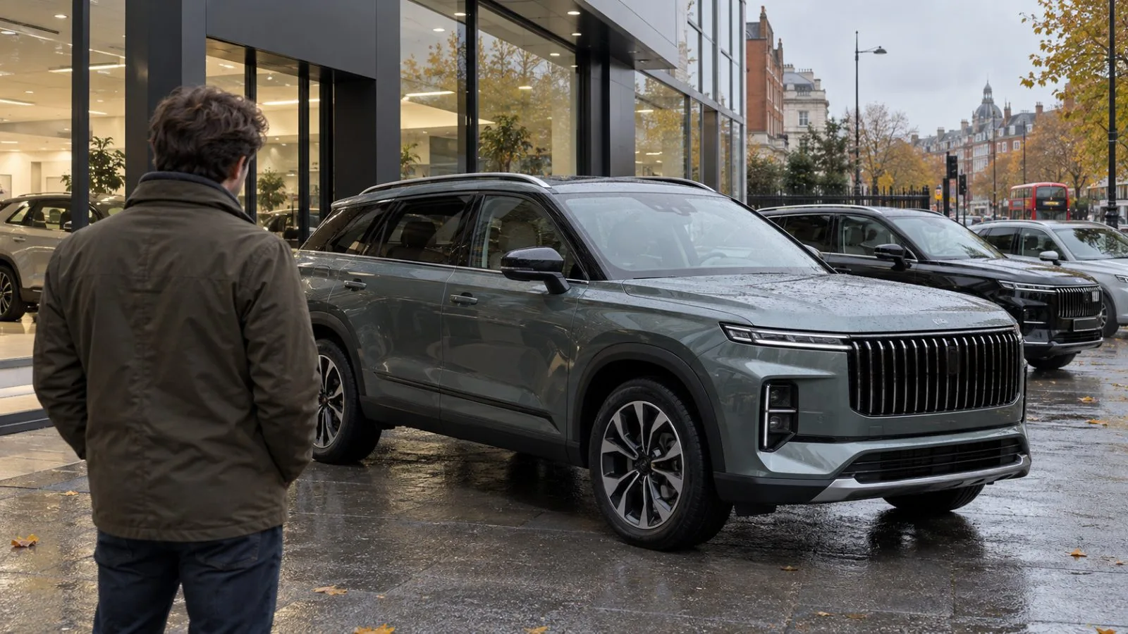 A Jaecoo 7 SUV stands on a dealership forecourt in London. (AI-generated image / EconoTimes)