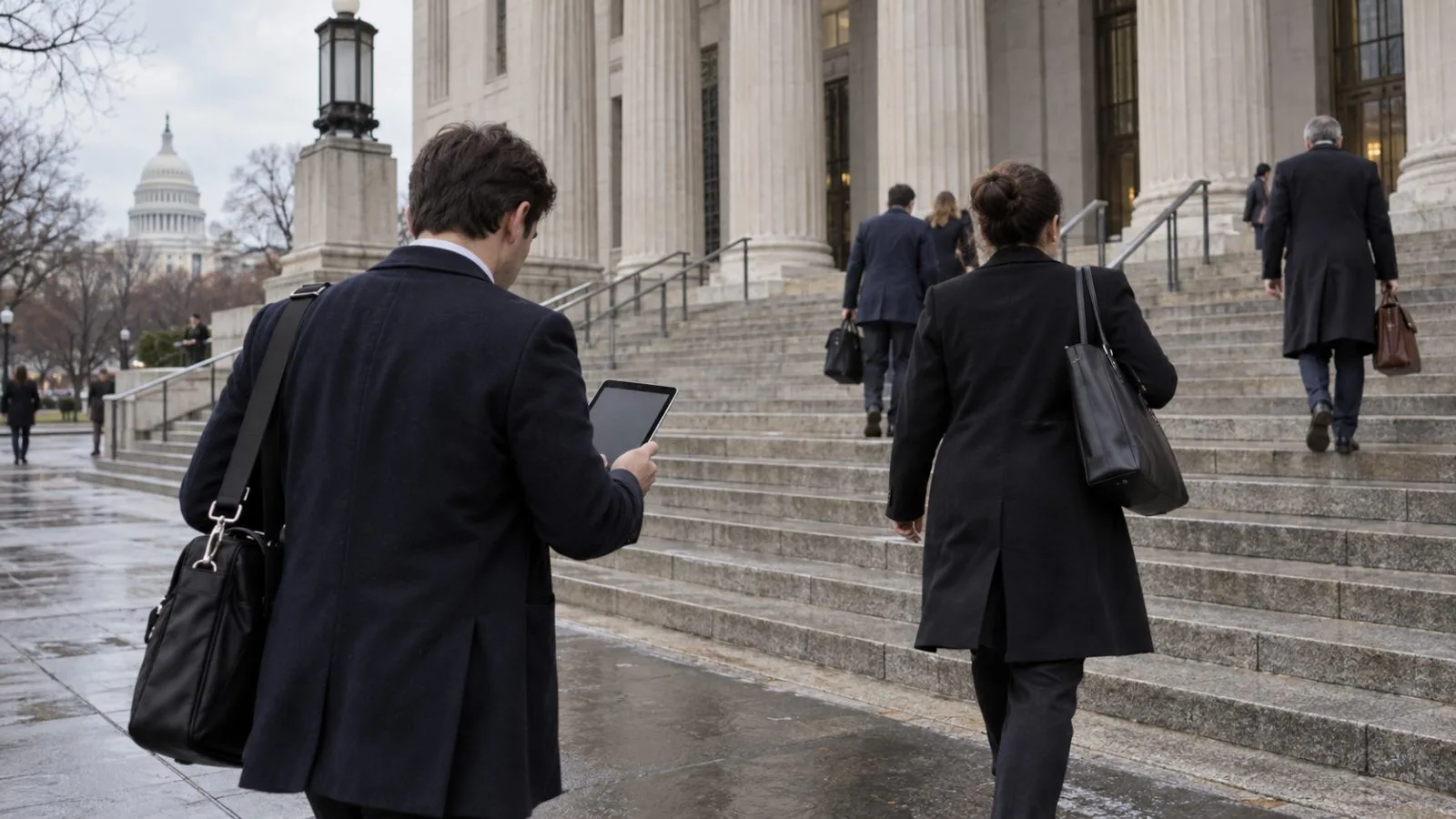 Lawyers enter the E. Barrett Prettyman U.S. Courthouse in Washington, D.C., on an overcast morning. (AI-generated image / EconoTimes)