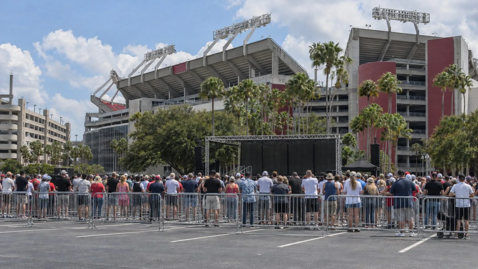 Supporters gather behind barriers at a campaign rally outside Raymond James Stadium in Tampa, Florida. (AI-generated image / EconoTimes)
