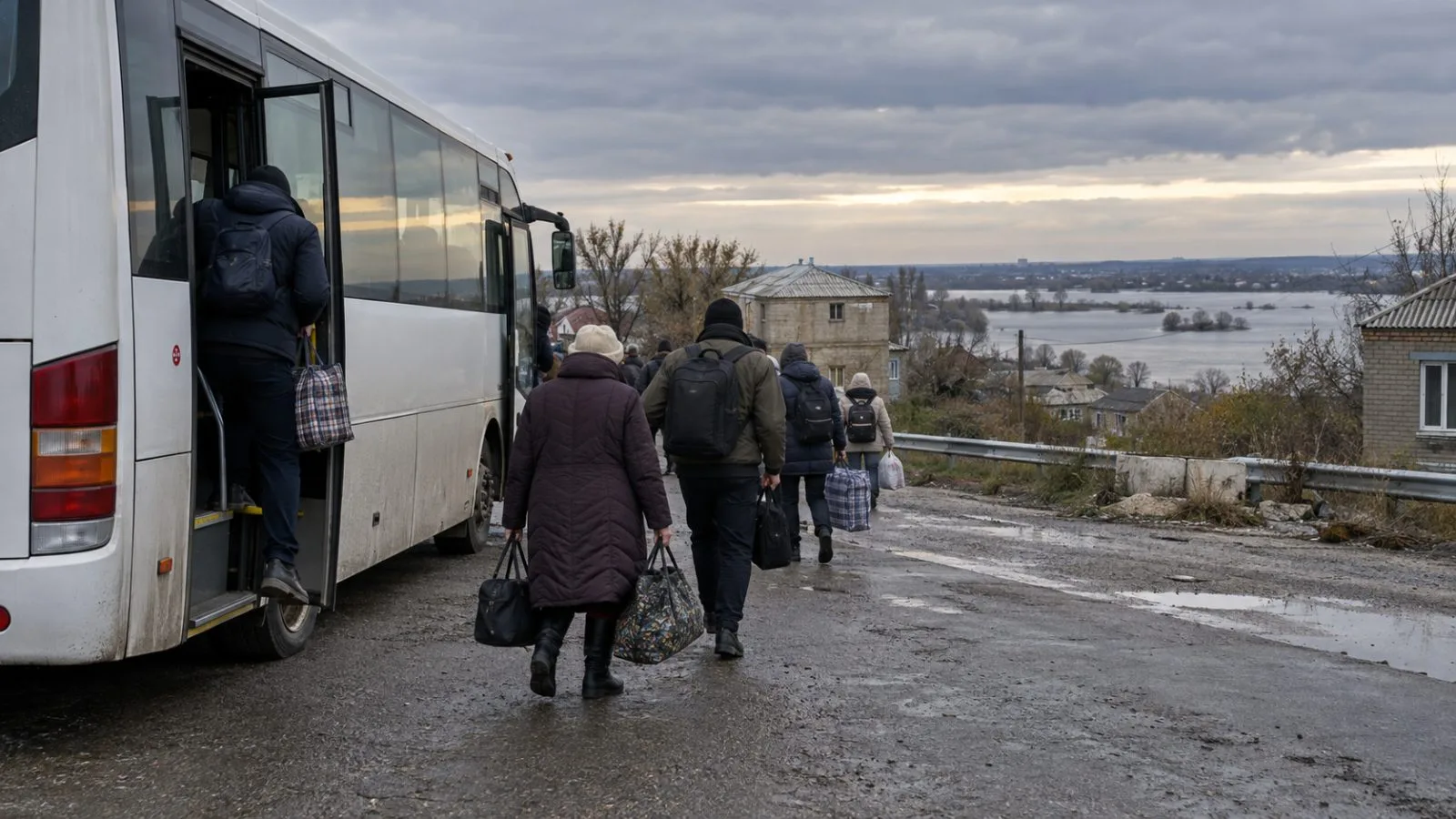 An evacuation bus waits at a discreet reception point in Ukraine’s Kherson region. (AI-generated image / EconoTimes)