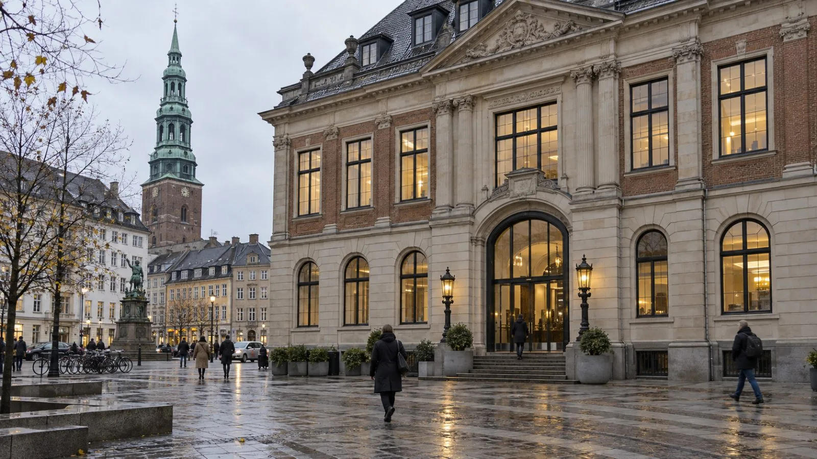 Pedestrians pass the Nasdaq Copenhagen offices at Nikolaj Plads in Copenhagen. (AI-generated image / EconoTimes)