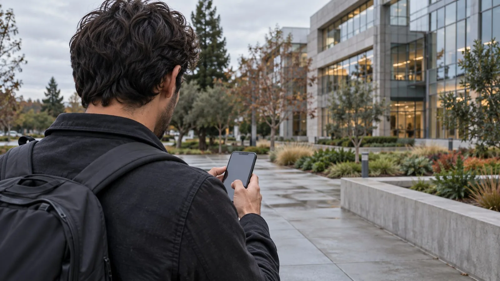 A person uses a smartphone outside an office building in Menlo Park, California. (AI-generated image / EconoTimes)