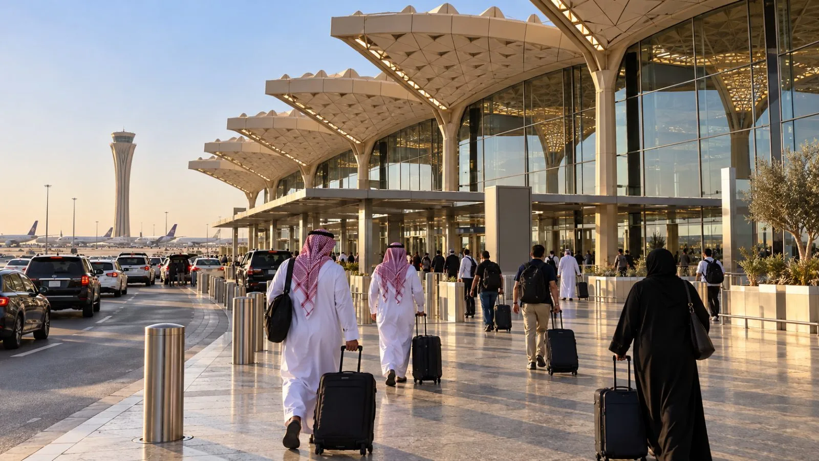 Travelers approach a terminal entrance at King Khalid International Airport in Riyadh. / EconoTimes.ai