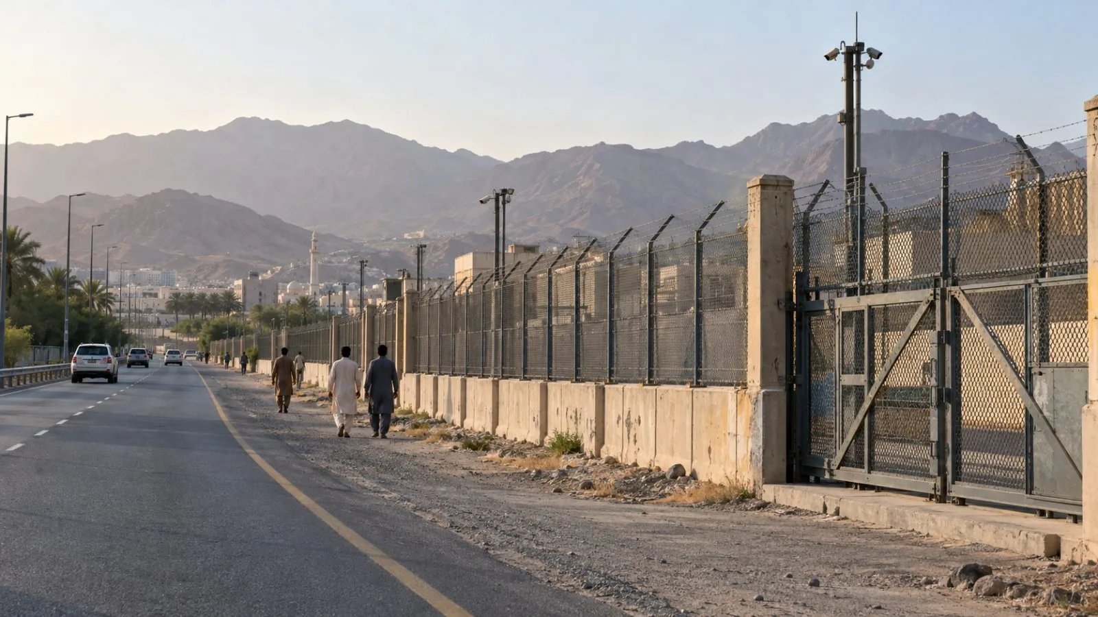 A security barrier marks a fenced perimeter beside a public road in Fujairah, United Arab Emirates. (AI-generated image / EconoTimes)
