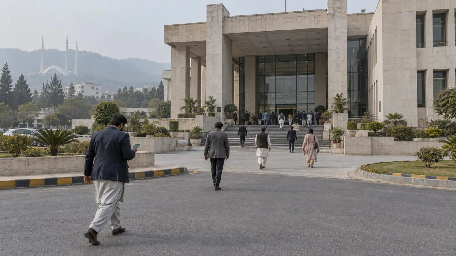 People enter a government office complex in Islamabad, Pakistan, on a hazy afternoon. (AI-generated image / EconoTimes)