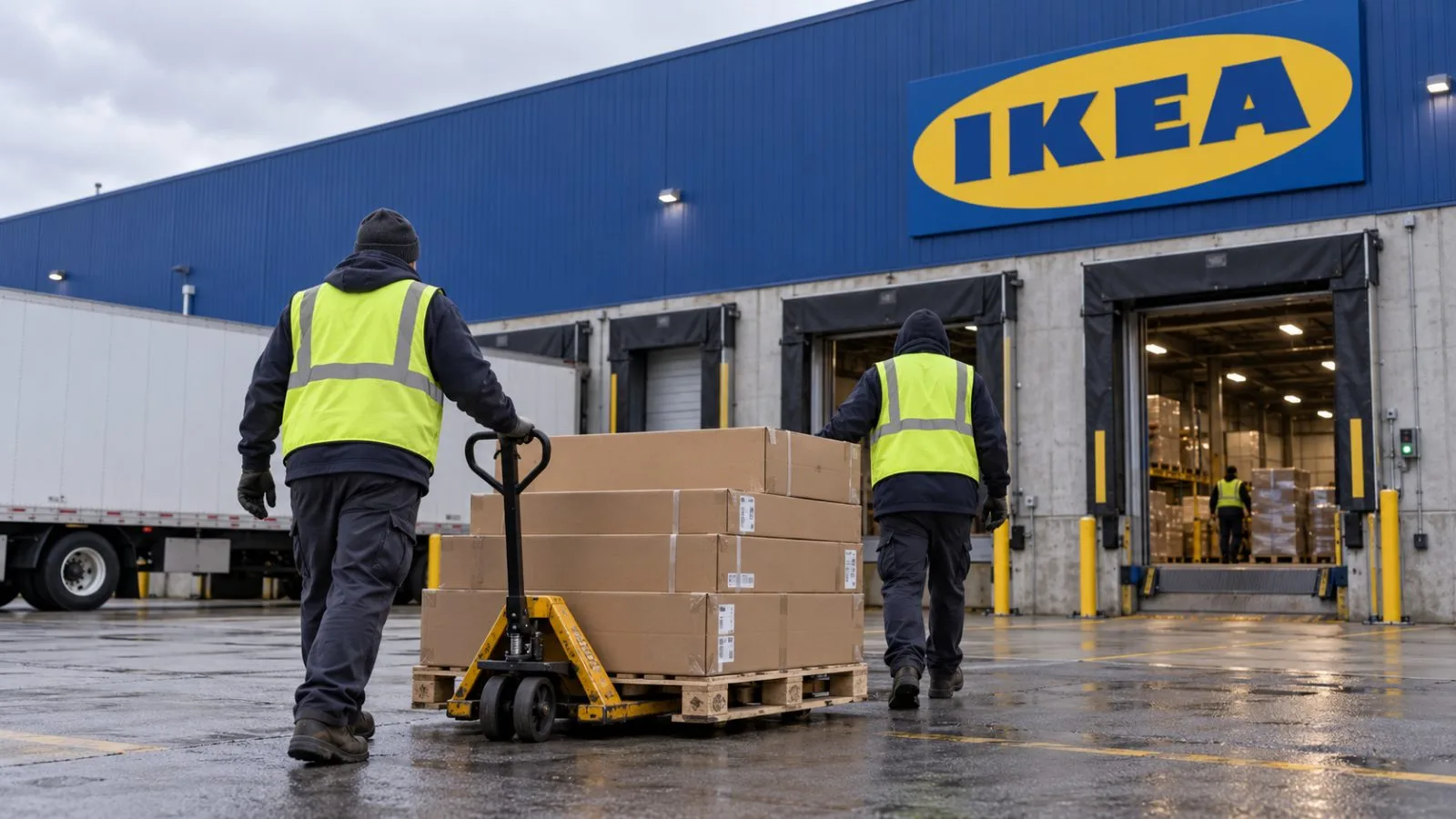 Workers move boxed furniture toward loading bays at a distribution center in Joliet, Illinois. / EconoTimes.ai