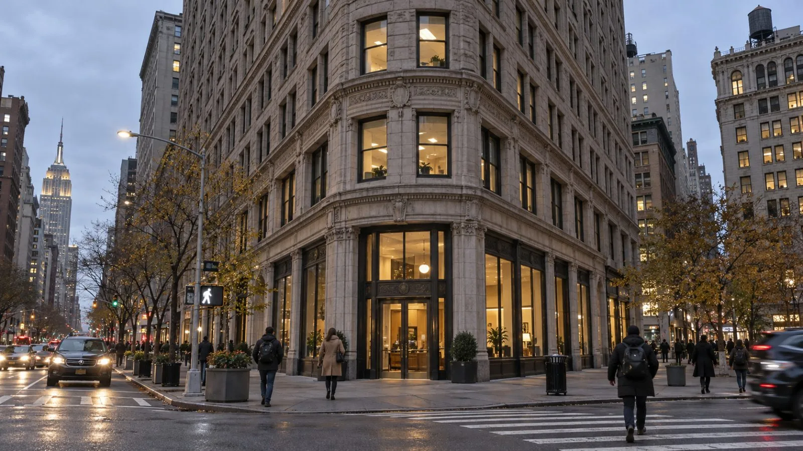 Pedestrians pass Compass headquarters on Fifth Avenue in Manhattan as evening light falls / EconoTimes.ai