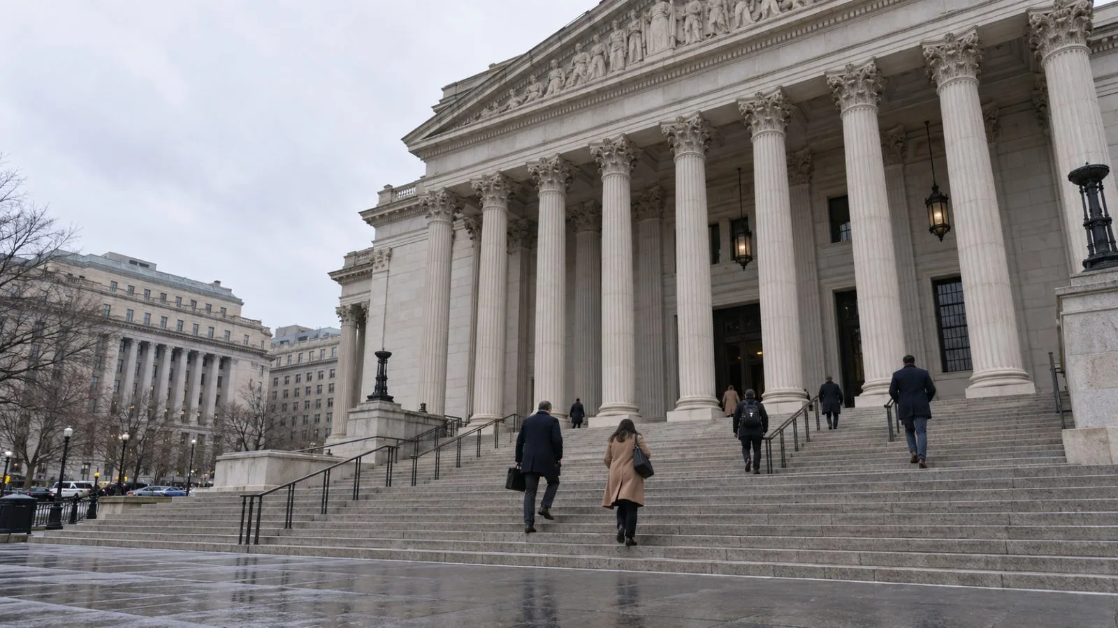 Visitors enter a federal courthouse in Washington, D.C., beneath an overcast afternoon sky. (AI-generated image / EconoTimes)