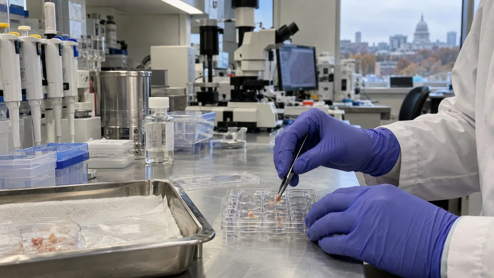 A laboratory worker handles a tumor tissue sample in a cancer diagnostics lab in Madison, Wisconsin. (AI-generated image / EconoTimes)