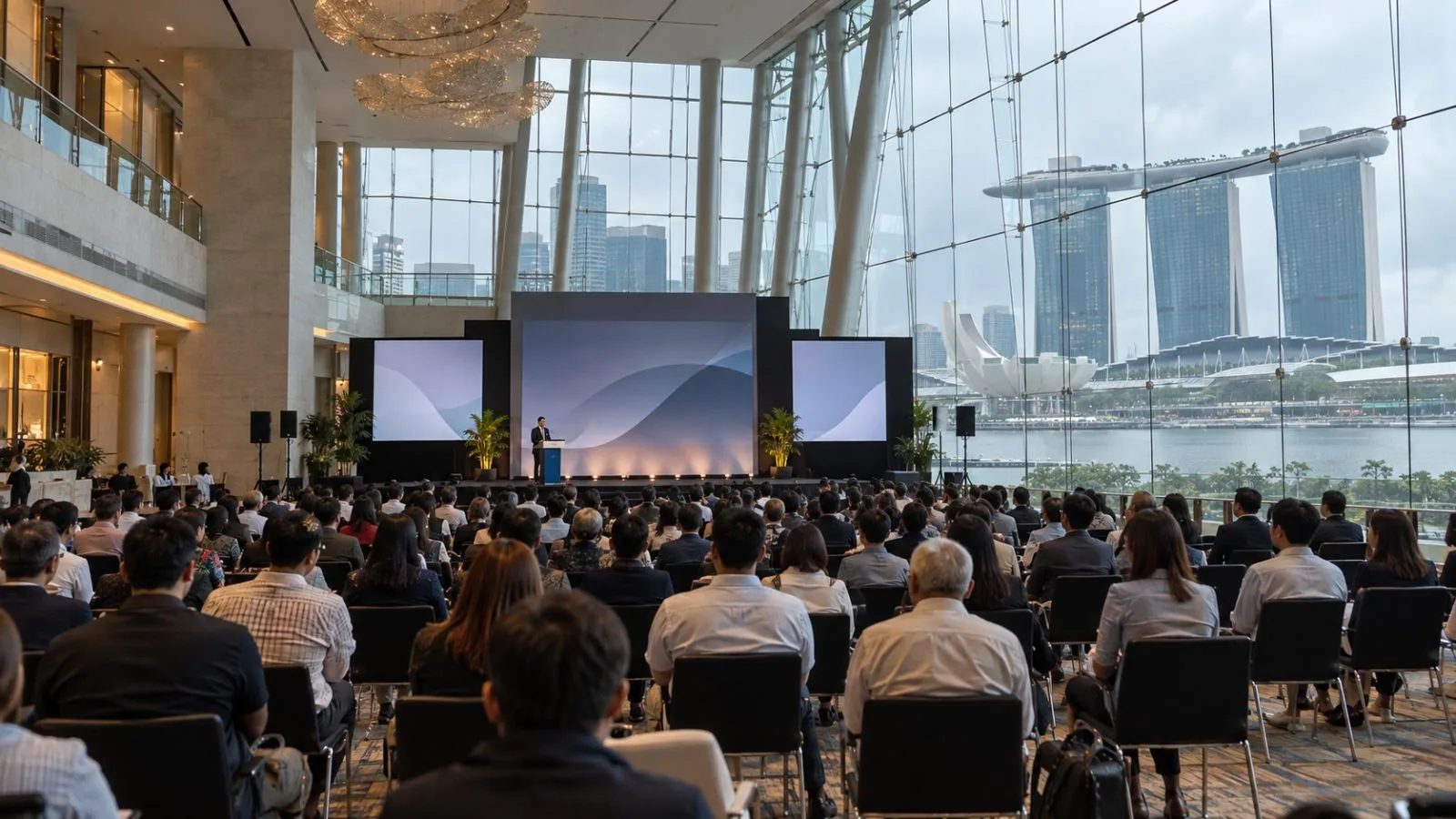 Conference attendees face a stage at Marina Bay Sands in Singapore. (AI-generated image / EconoTimes)