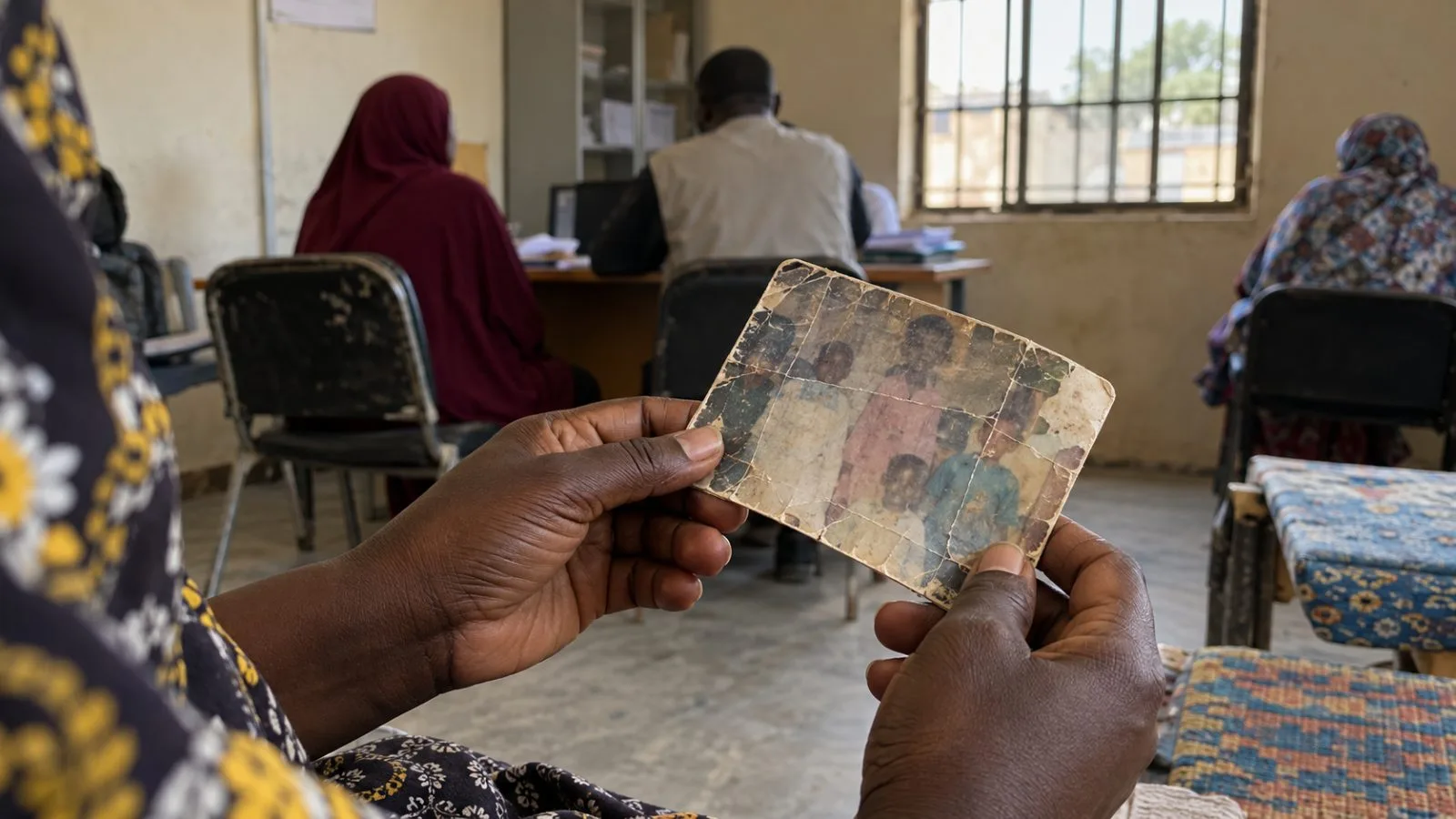 Hands hold a family photograph at a tracing center in Maiduguri, Nigeria. (AI-generated image / EconoTimes)