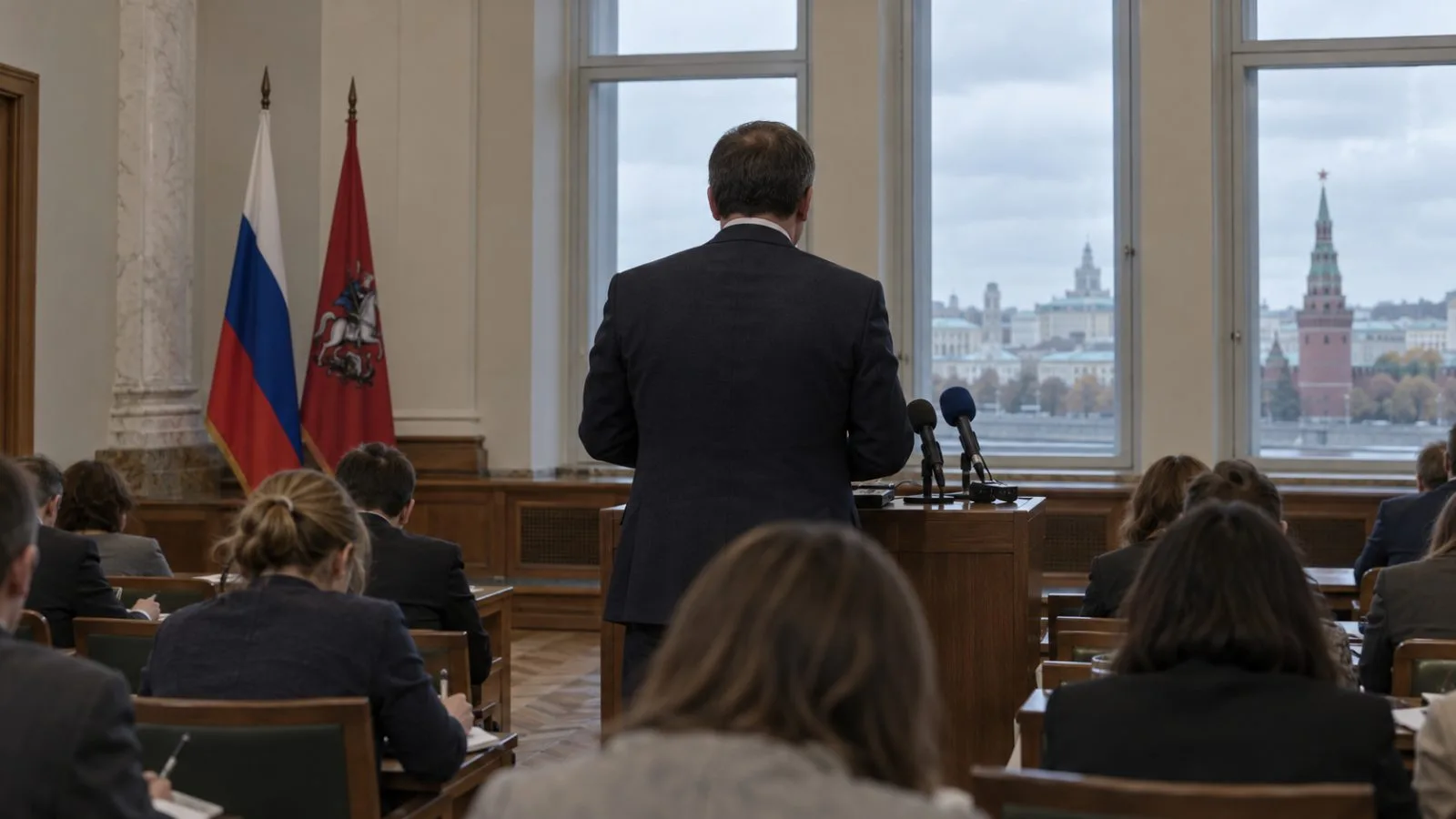A speaker addresses reporters in a press briefing room in Moscow. (AI-generated image / EconoTimes)