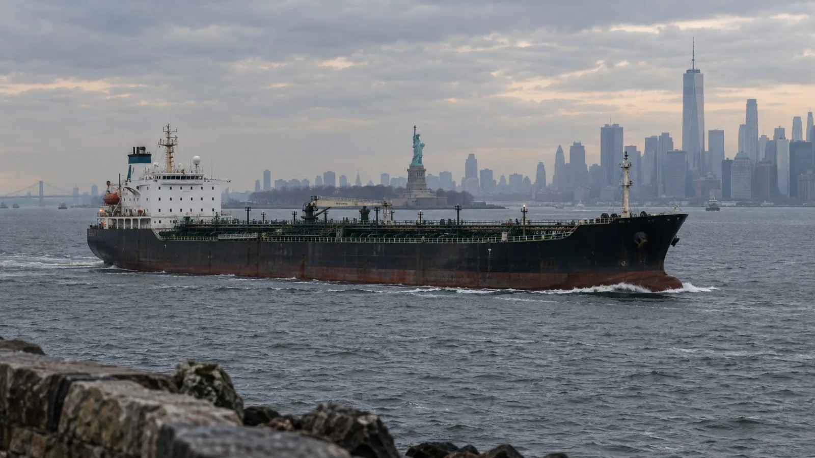 A product tanker moves through New York Harbor near the city waterfront. (AI-generated image / EconoTimes)