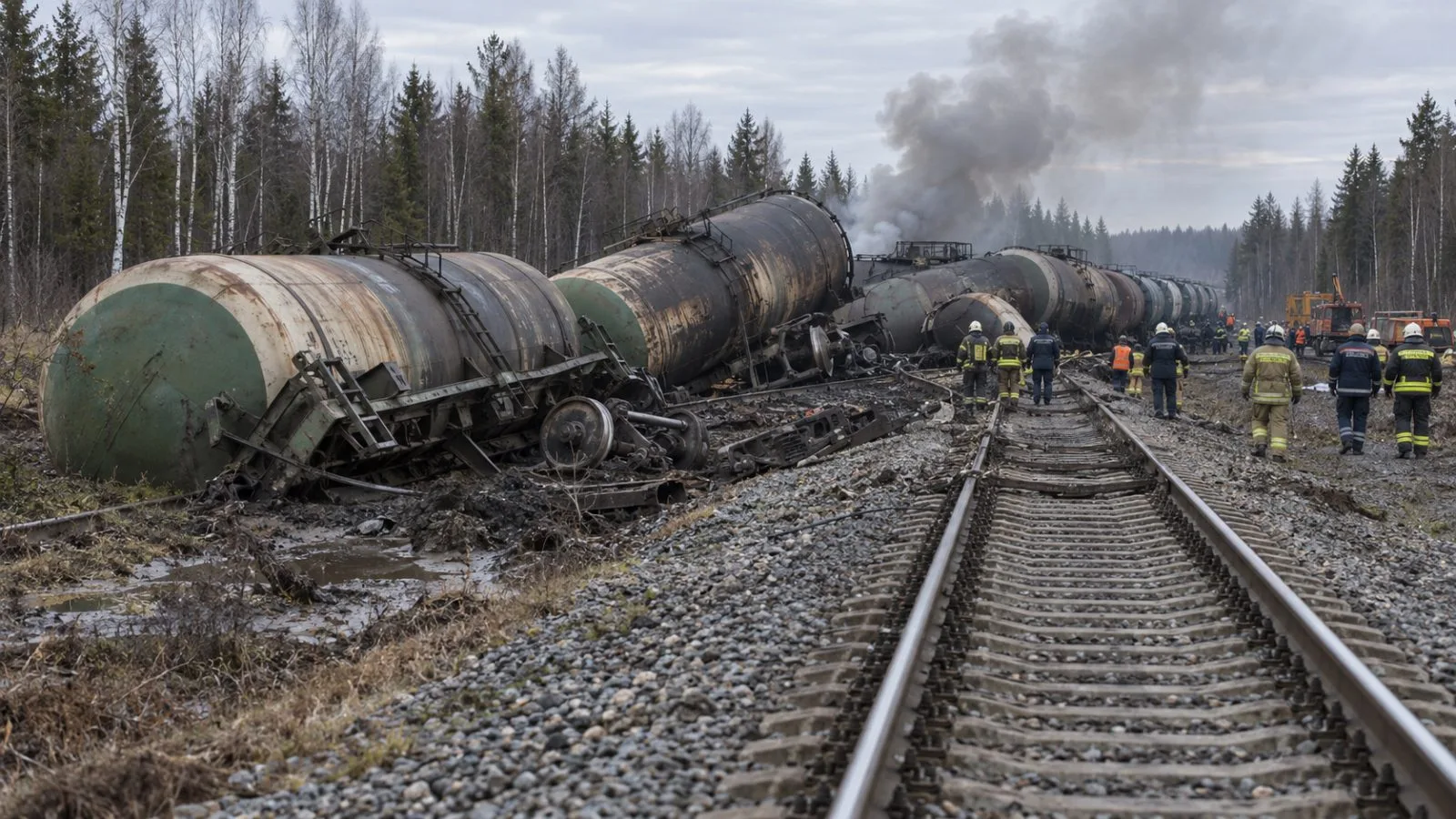 Derailed tank cars and emergency crews occupy tracks near Yekaterinburg, Russia. (AI-generated image / EconoTimes)