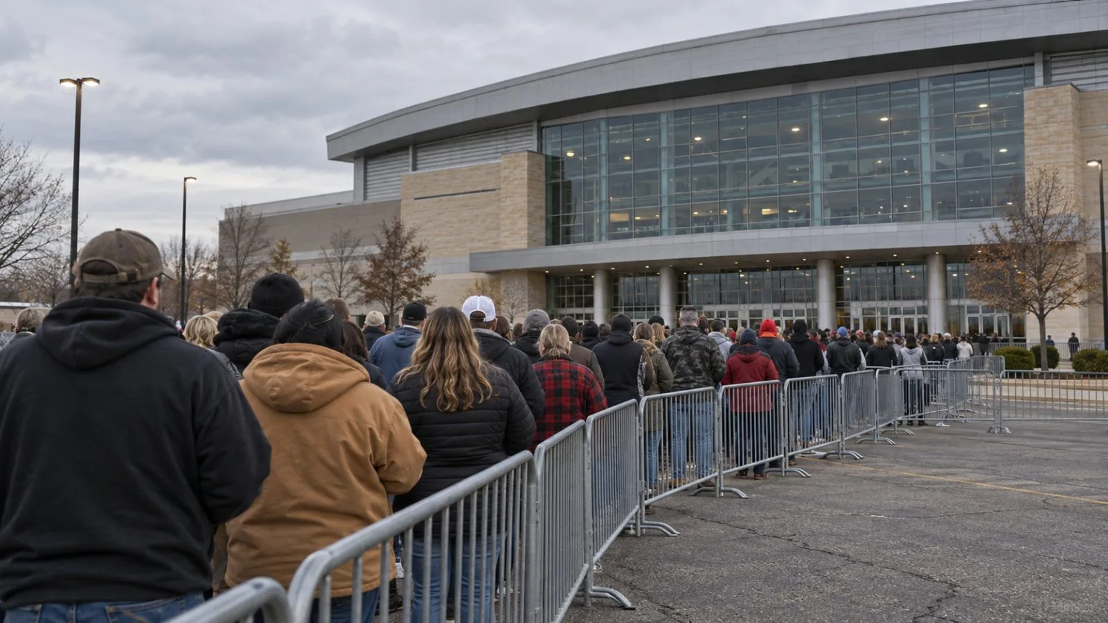 Rallygoers queue outside an arena in Park City, Kansas, under overcast skies. (AI-generated image / EconoTimes)