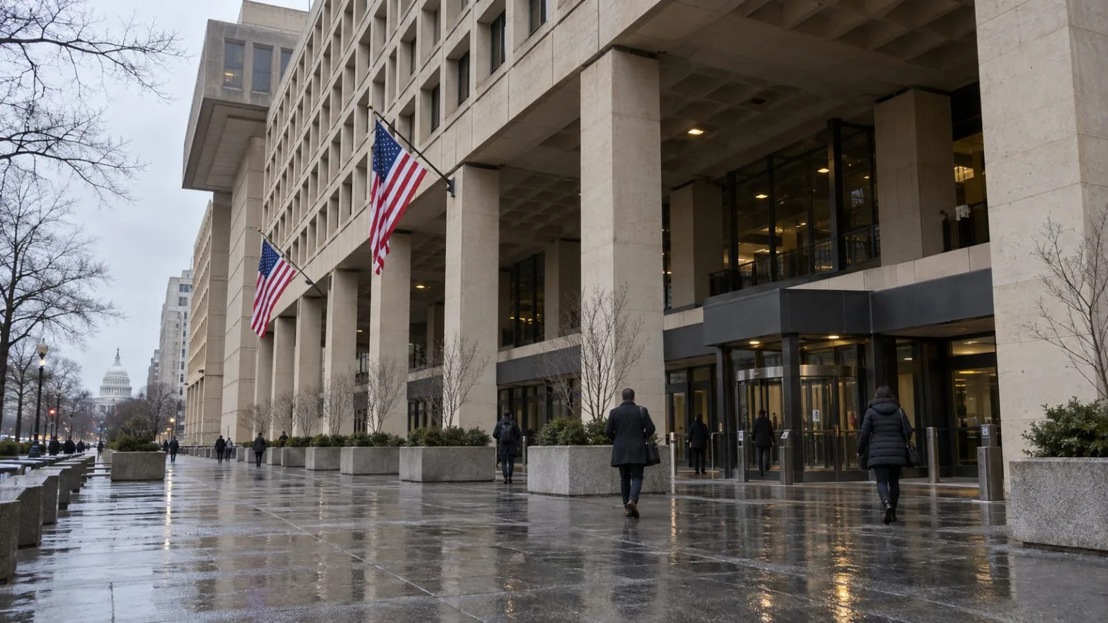 Pedestrians pass the J. Edgar Hoover FBI Building in Washington, D.C. (AI-generated image / EconoTimes)
