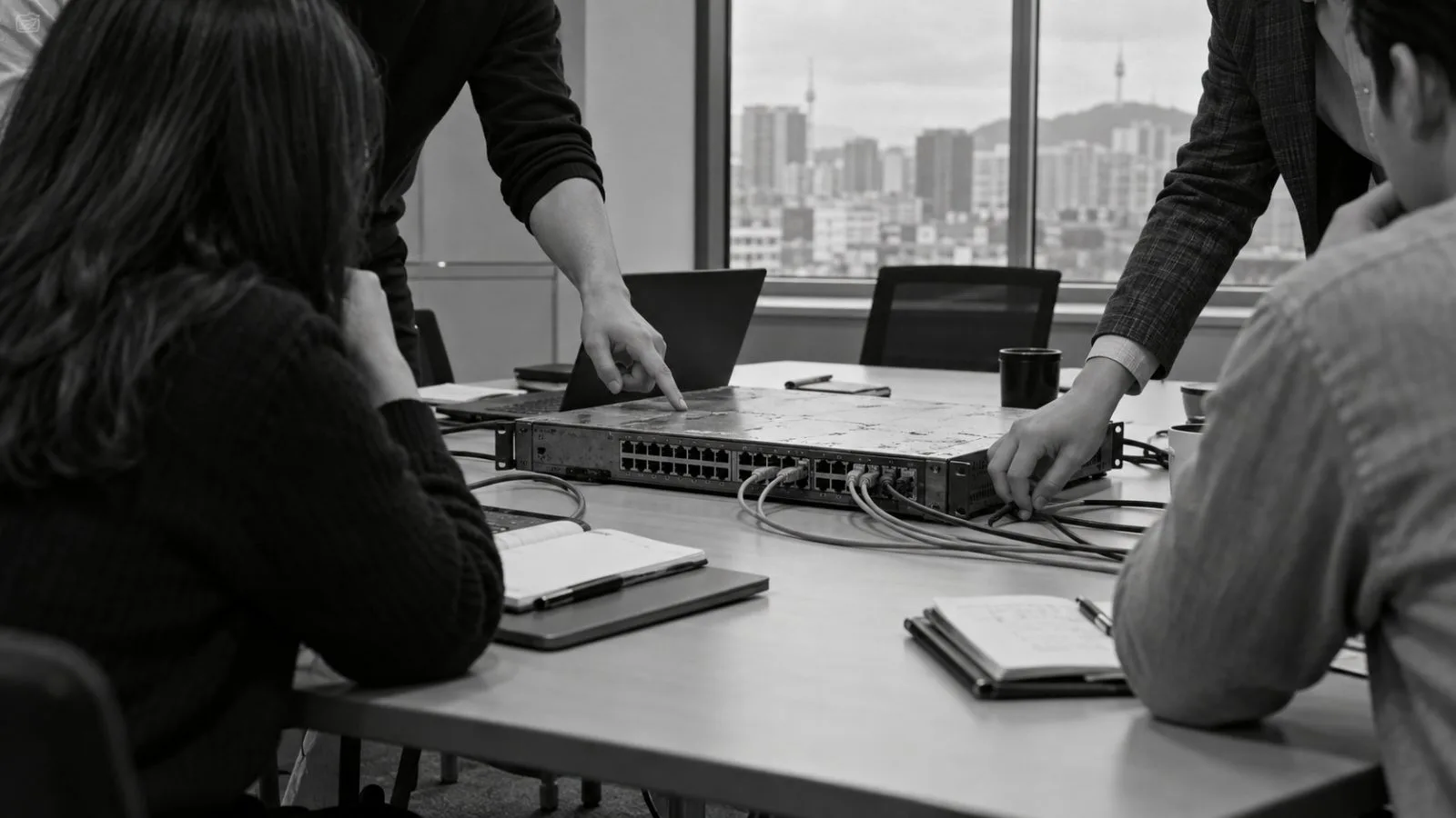Business participants examine aging network equipment during a technology roundtable in Seoul, South Korea. (AI-generated image / EconoTimes)
