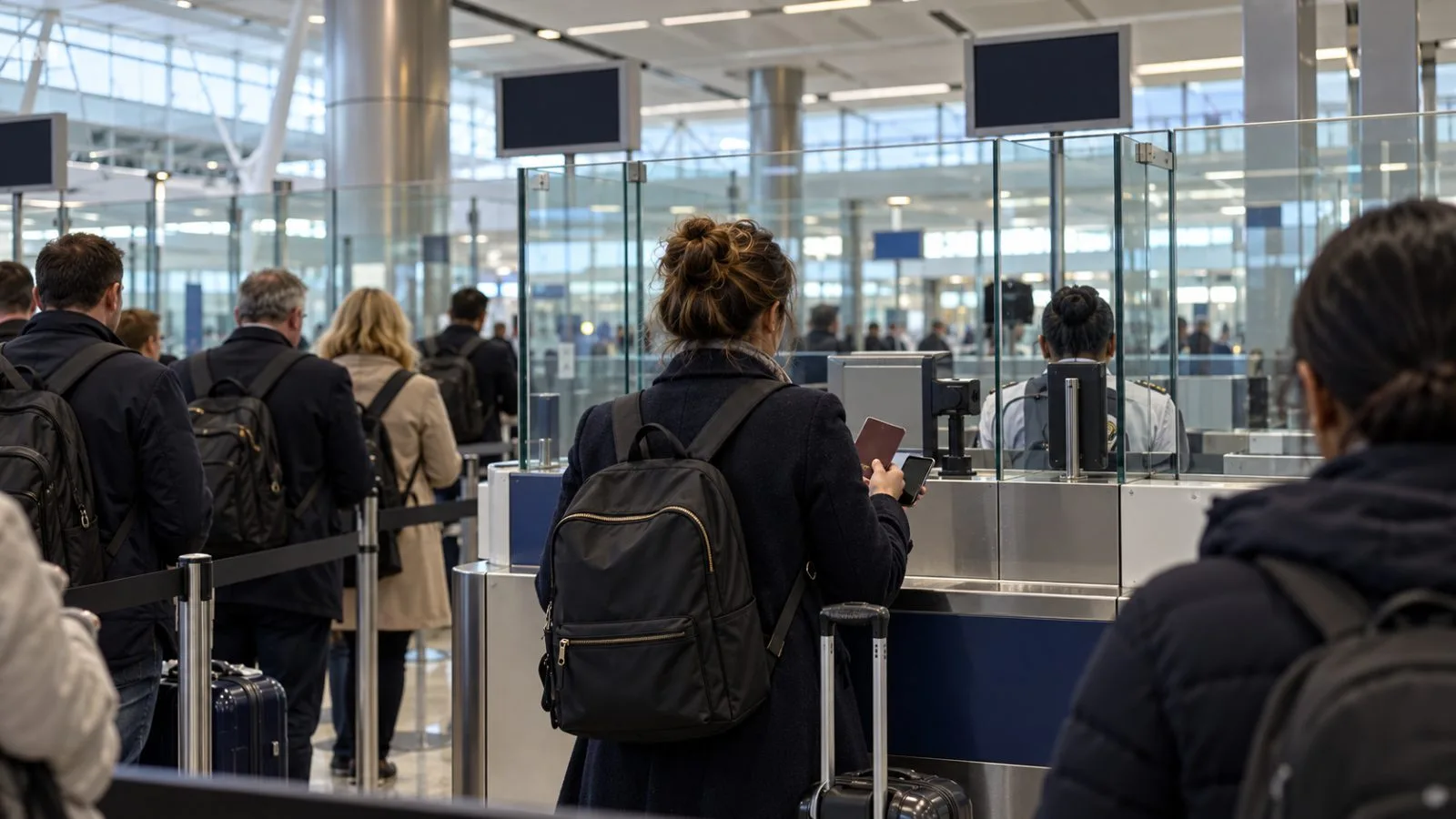 Passengers queue at passport control in London Heathrow Airport’s arrivals hall. / EconoTimes.ai