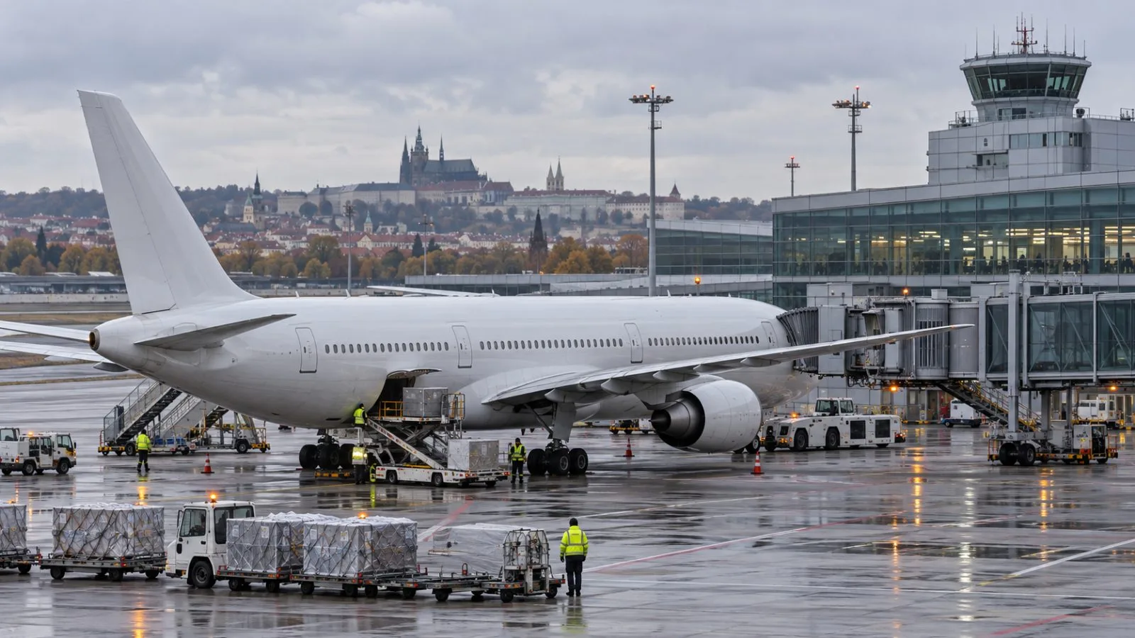 A widebody aircraft waits on the apron at Václav Havel Airport in Prague. (AI-generated image / EconoTimes)