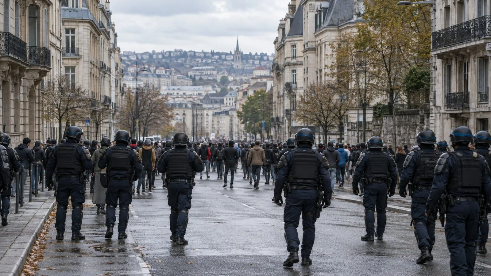 Police officers face demonstrators on a street in Saint-Étienne, France. (AI-generated image / EconoTimes)
