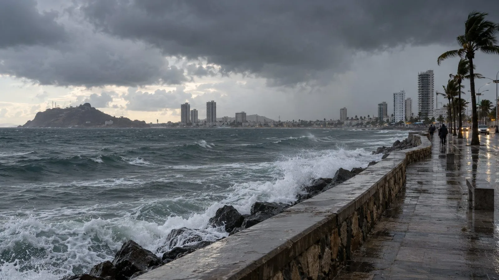 Dark storm clouds gather over the Pacific beyond Mazatlán’s waterfront in Sinaloa, Mexico. (AI-generated image / EconoTimes)