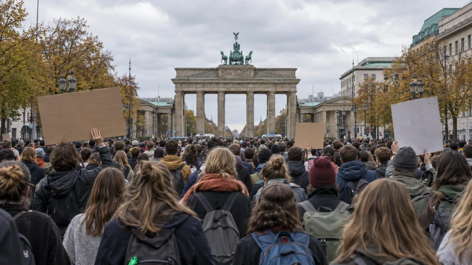 Students gather near the Brandenburg Gate during a demonstration in Berlin, Germany. (AI-generated image / EconoTimes)