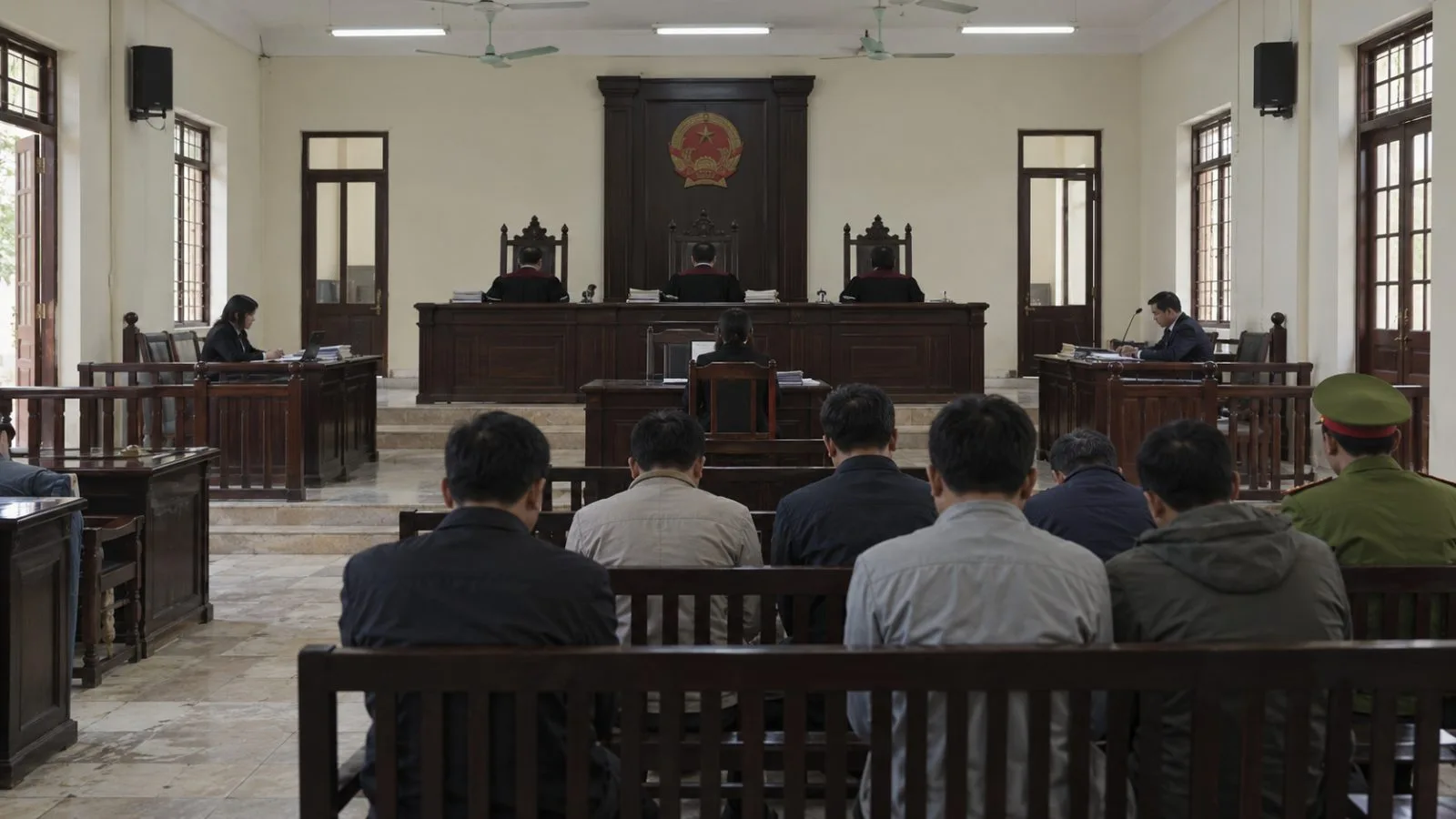 Defendants sit in rows inside a Hanoi courtroom on the opening day of trial. (AI-generated image / EconoTimes)