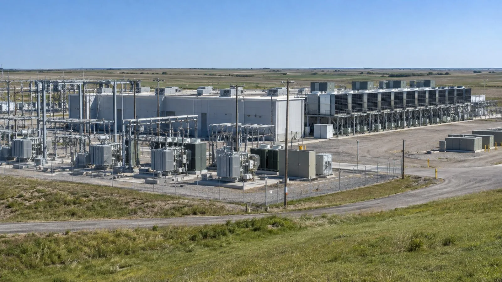 A data center campus and utility infrastructure line a service road in Plano, Texas. / EconoTimes.ai