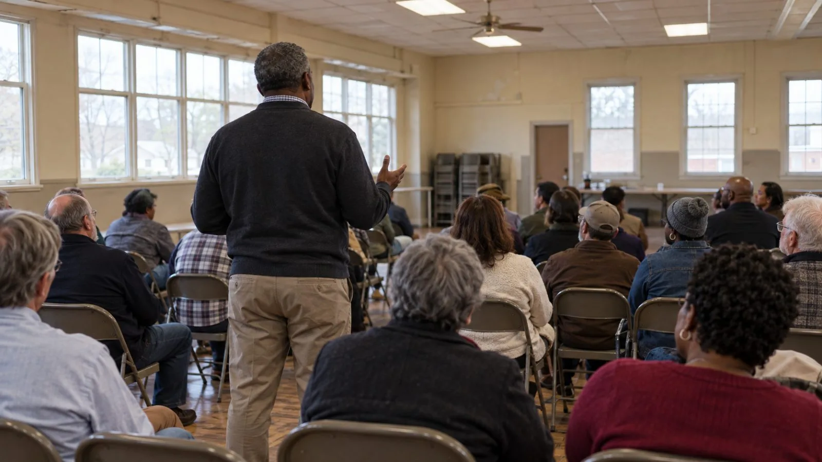 A speaker addresses residents at a community hall in Lawrenceville, Georgia. (AI-generated image / EconoTimes)