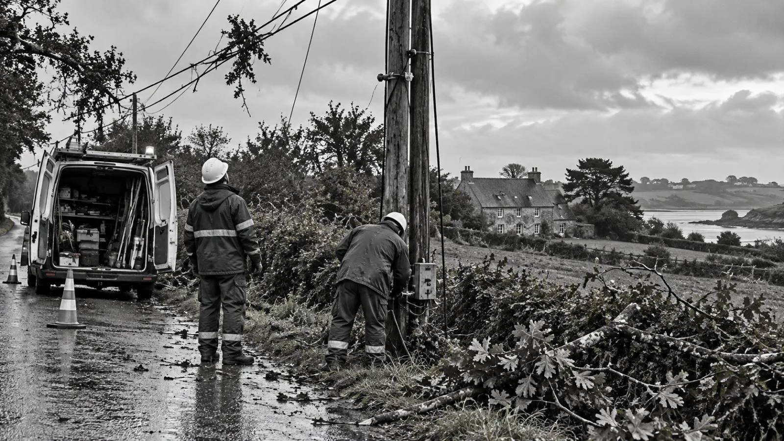 Utility workers repair power lines along a rural road in Brittany, France / EconoTimes.ai