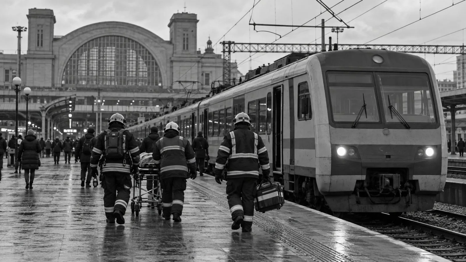 A stopped commuter train sits at Dnipro's main railway station in Ukraine. (AI-generated image / EconoTimes)