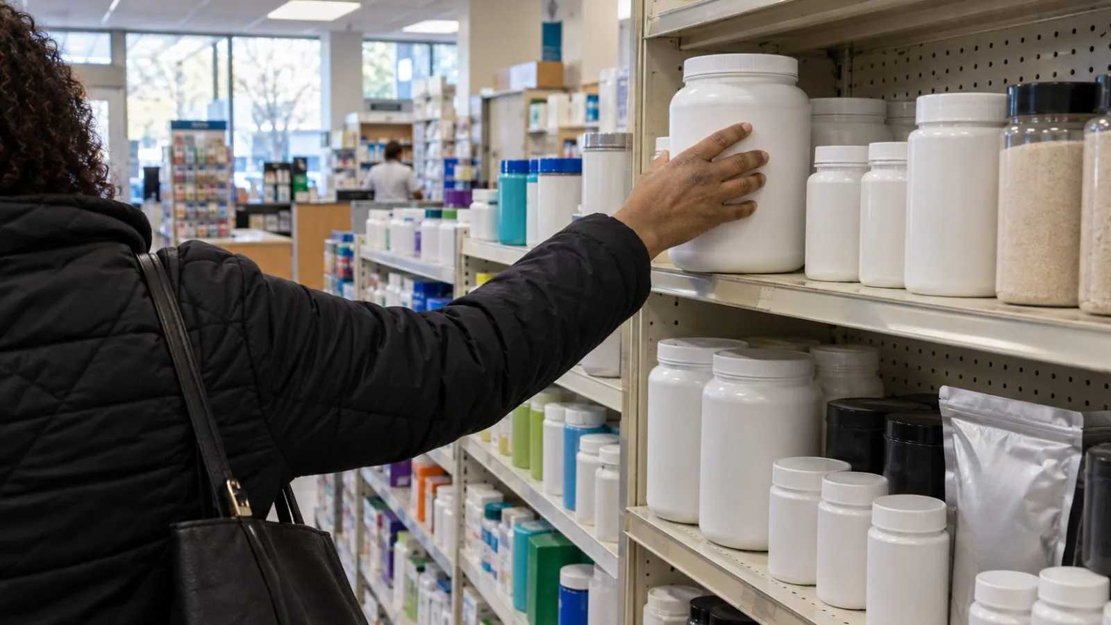 A shopper compares protein and fiber supplements in a pharmacy aisle in Silver Spring, Maryland. (AI-generated image / EconoTimes)
