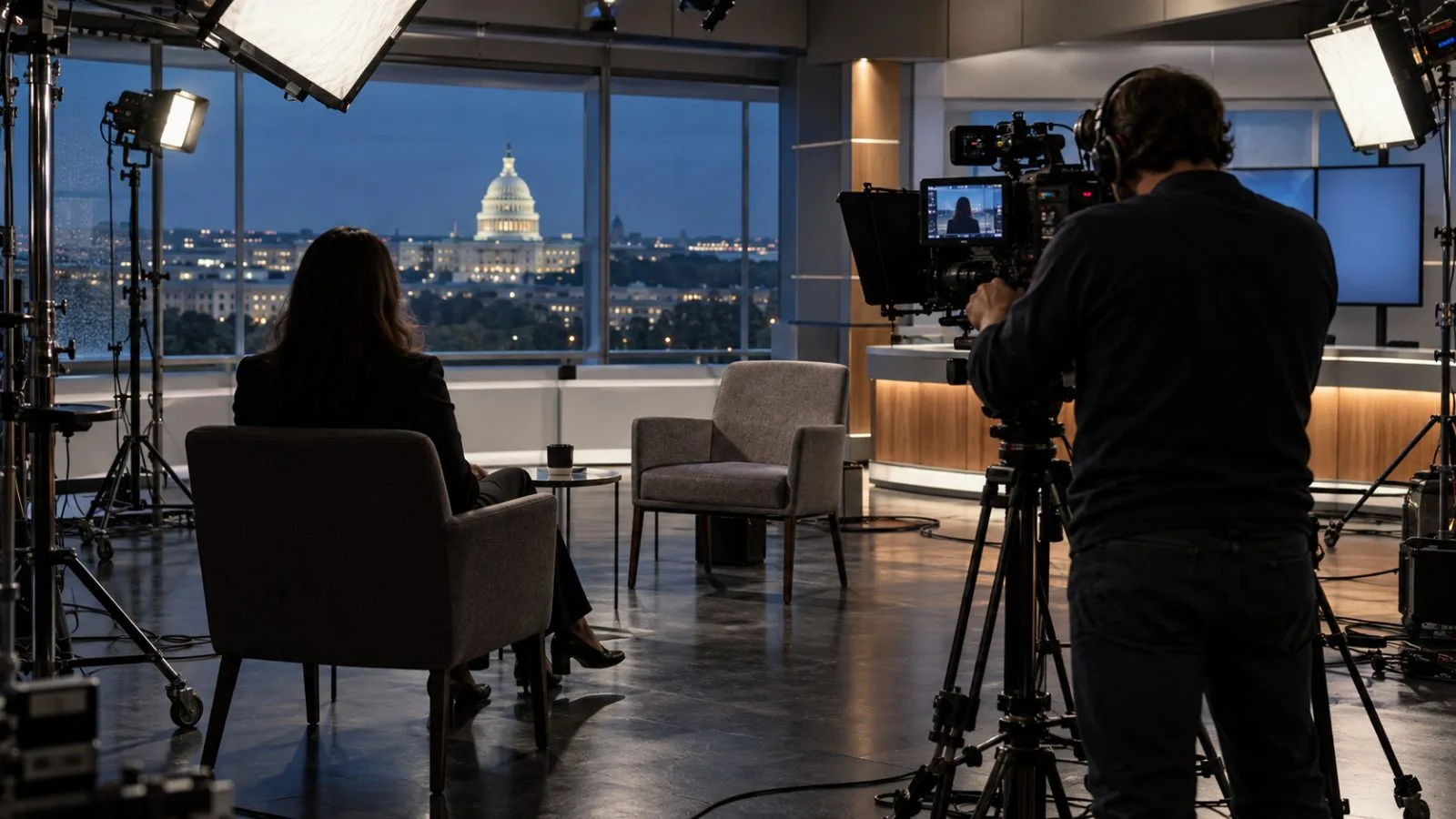 An interview set is prepared at a CBS News studio in Washington, D.C. (AI-generated image / EconoTimes)