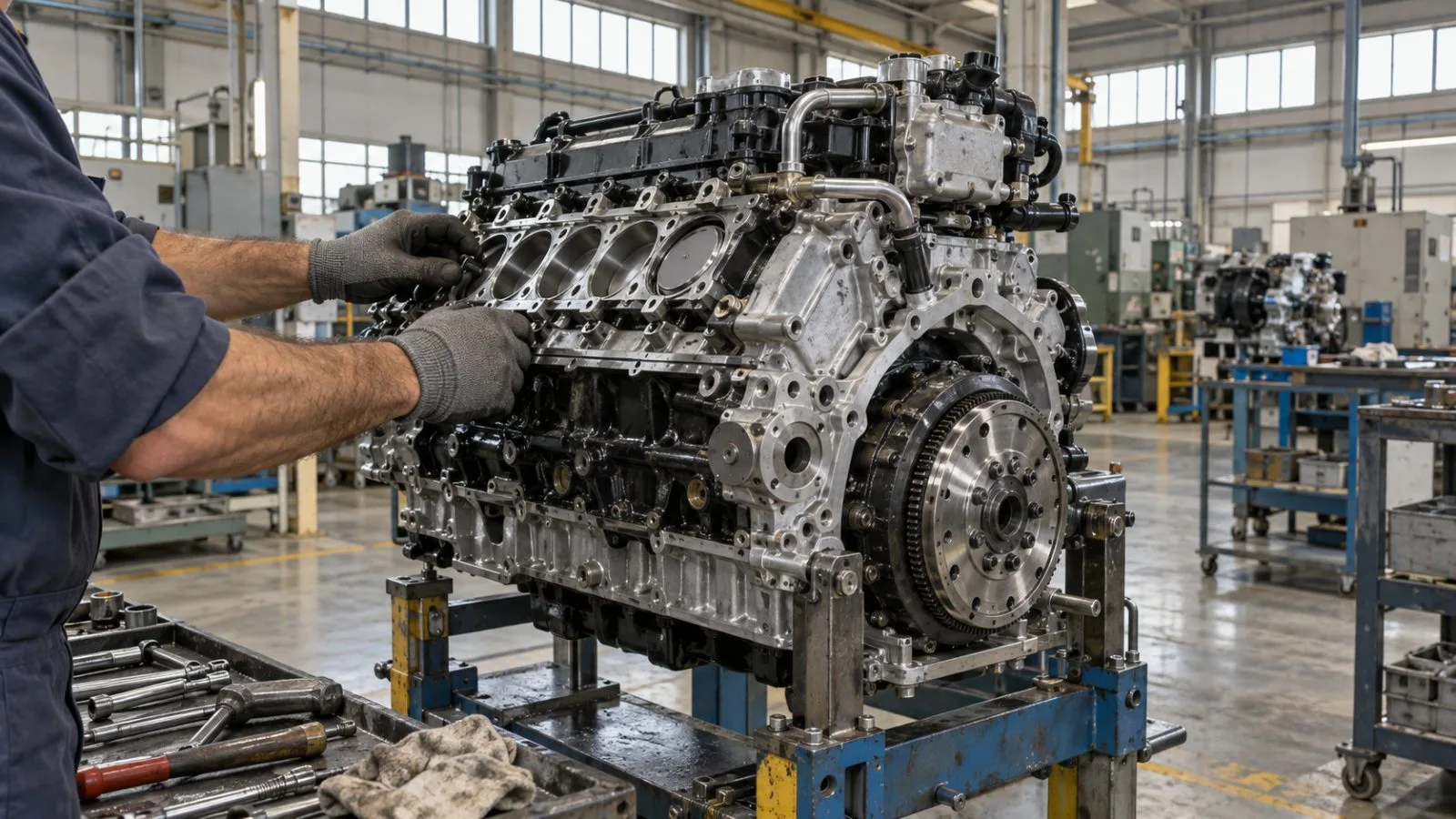 A piston engine stands on an assembly line inside a manufacturing facility in Atella, Italy. (AI-generated image / EconoTimes)