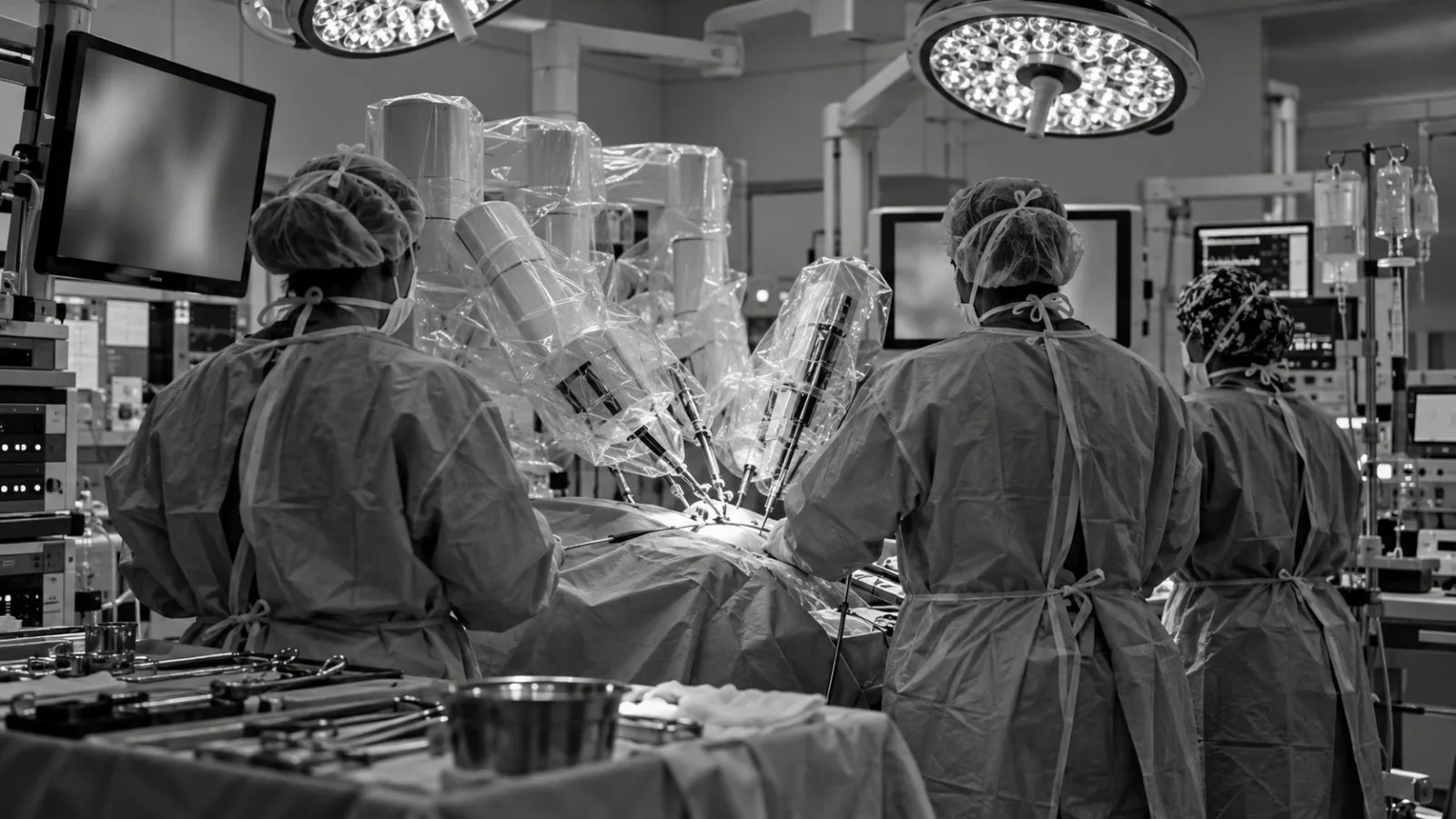 Clinicians work beside robotic surgical equipment at Sheikh Shakhbout Medical City in Abu Dhabi. (AI-generated image / EconoTimes)
