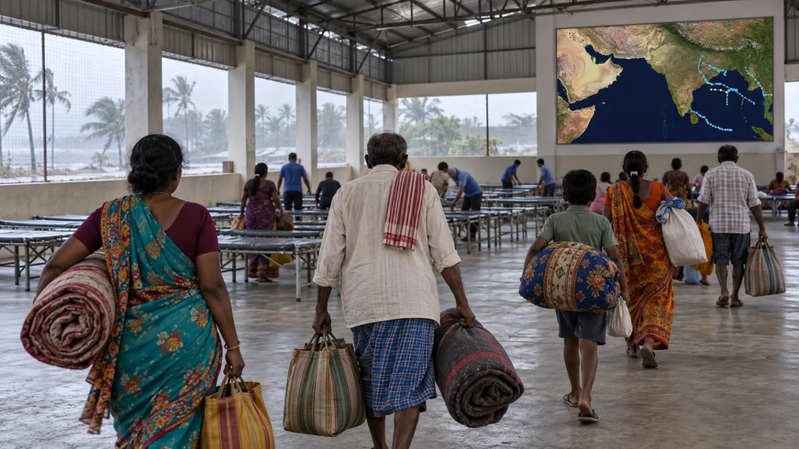 Residents carry bedding into a cyclone shelter in coastal Andhra Pradesh, India. / EconoTimes.ai