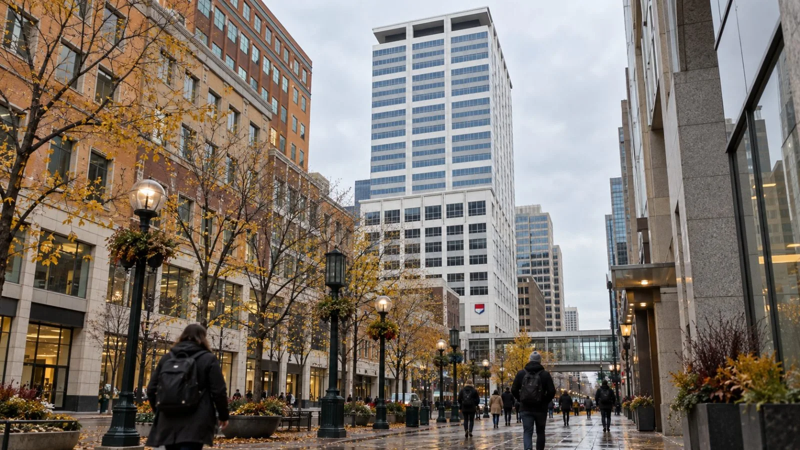Commuters pass the U.S. Bancorp Center in Minneapolis beneath a gray morning sky / EconoTimes.ai