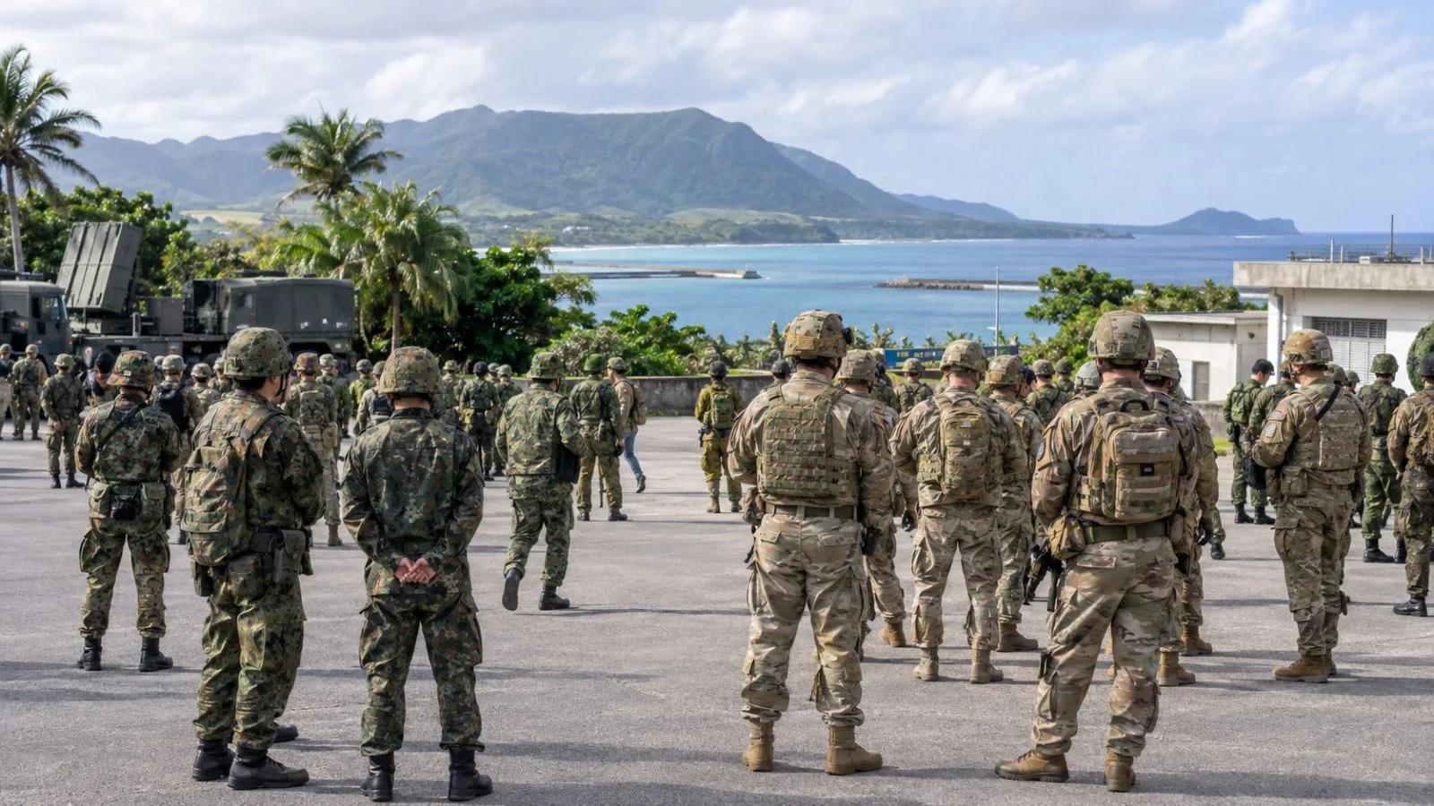 Uniformed personnel gather outdoors on Ishigaki Island in Okinawa, Japan. (AI-generated image / EconoTimes)