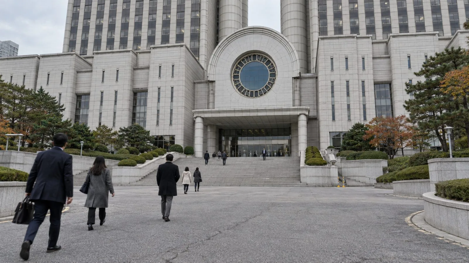 Visitors cross the forecourt outside Seoul High Court in Seoul, South Korea. (AI-generated image / EconoTimes)