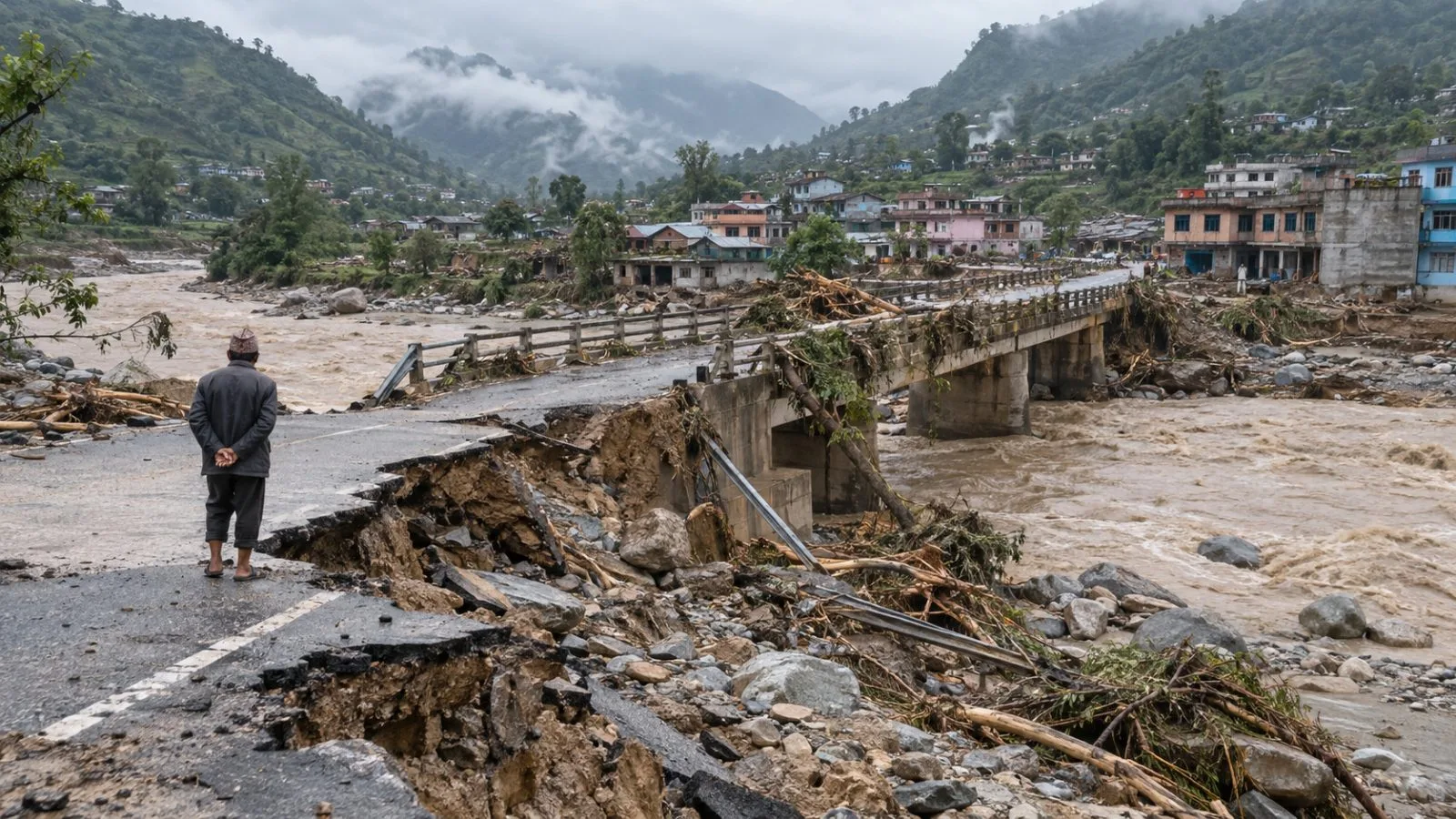 Flood debris surrounds a damaged road bridge in a river valley in Nepal (AI-generated image / EconoTimes)