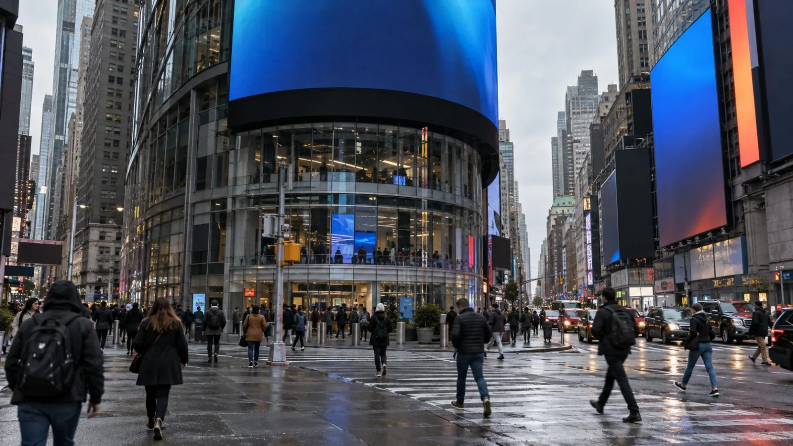 Pedestrians pass Nasdaq MarketSite in New York’s Times Square on an overcast morning. (AI-generated image / EconoTimes)