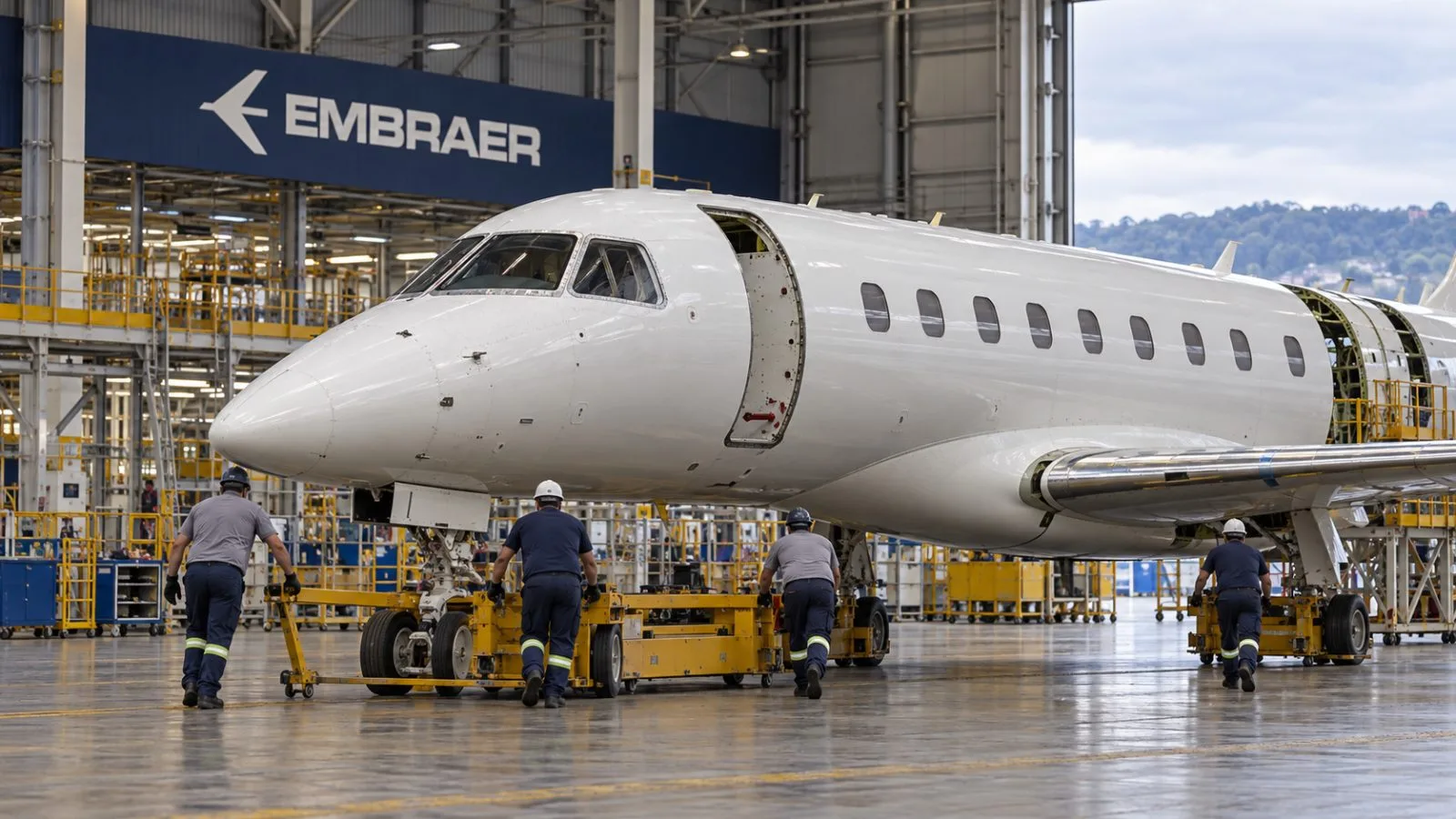 Workers guide a regional jet fuselage inside an aircraft assembly hangar in São José dos Campos, Brazil. / EconoTimes.ai