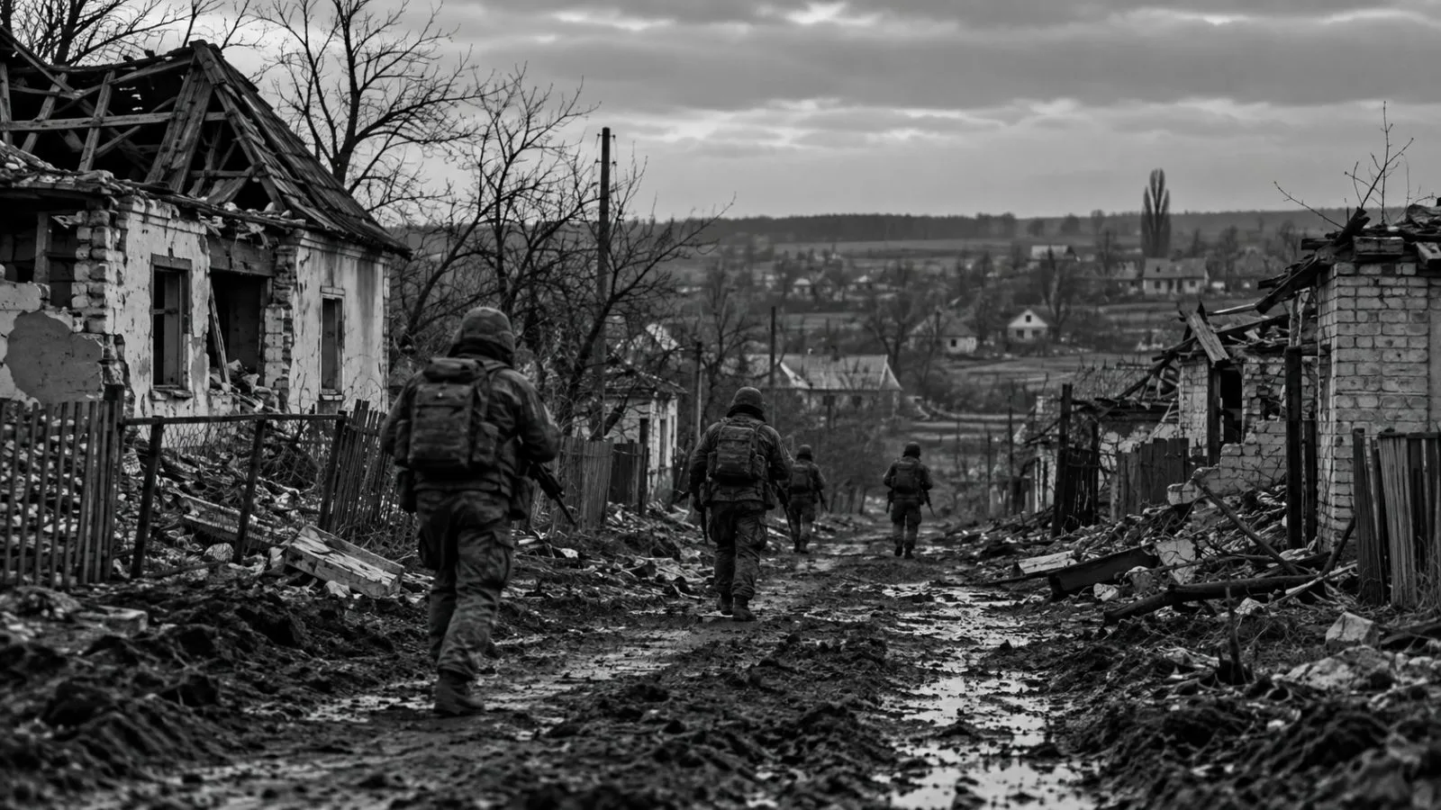 An infantry team moves along a damaged lane in Shandryholove, Donetsk Oblast, Ukraine. (AI-generated image / EconoTimes)