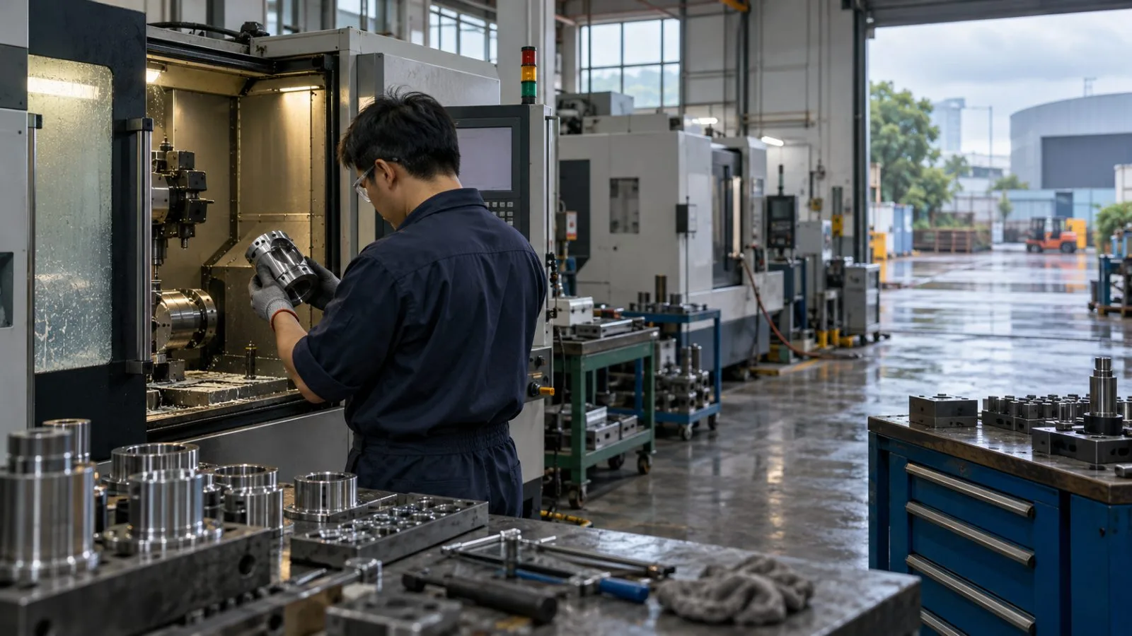 A worker inspects a machined component on a factory floor in Jurong, Singapore. (AI-generated image / EconoTimes)