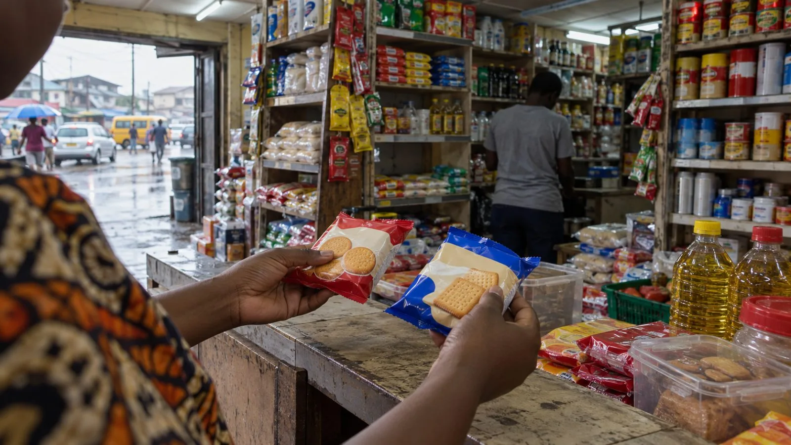A shopper compares biscuit packets at a neighborhood provision shop in Lagos, Nigeria. (AI-generated image / EconoTimes)