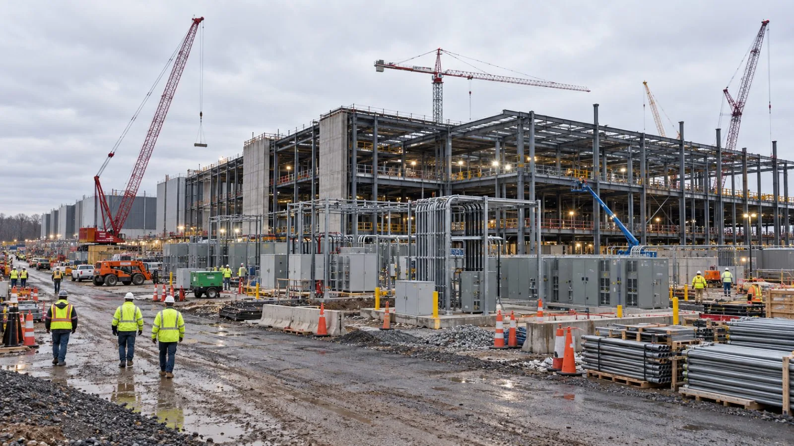 Workers move through a data-center construction site in Ashburn, Virginia, beneath morning cranes. / EconoTimes.ai