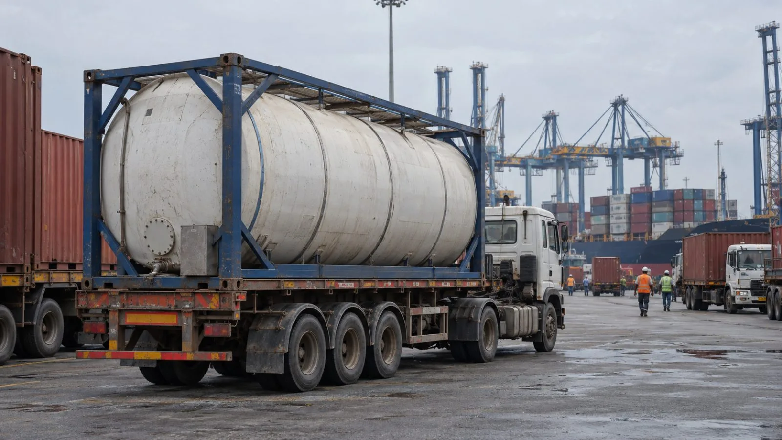 A tank container stands among cargo trucks at Jawaharlal Nehru Port near Mumbai, India. (AI-generated image / EconoTimes)